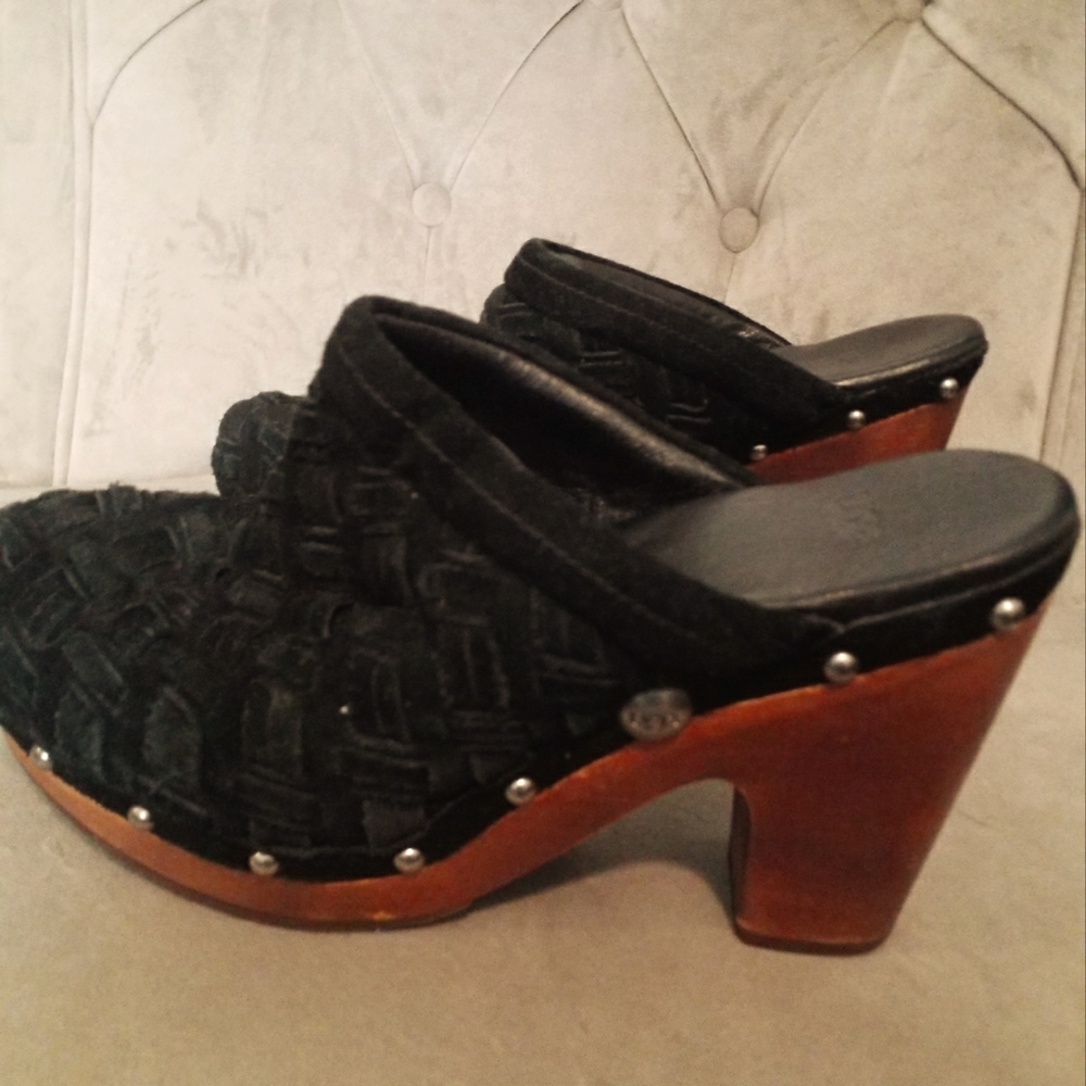 Ugg Arroyo Black Suede Clogs with silver studs and wooden platform heels